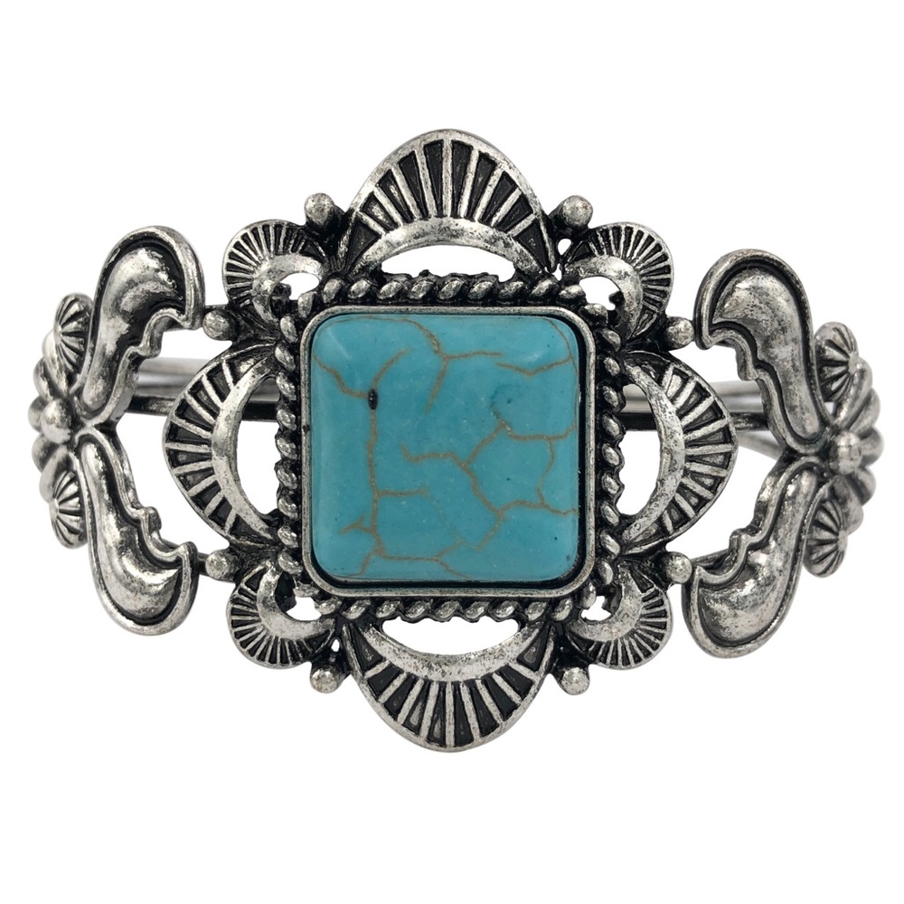 Square Face Turquoise Stone Silver Statement Western Style Cuff Bracelet